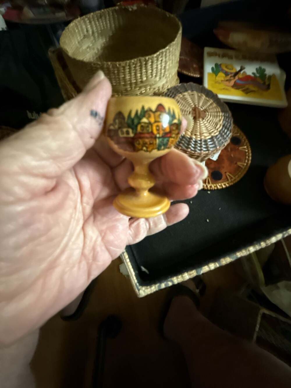 Anna A. Vintage Hand-Painted Wood Souvenir Egg Cup Goblet